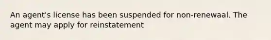 An agent's license has been suspended for non-renewaal. The agent may apply for reinstatement