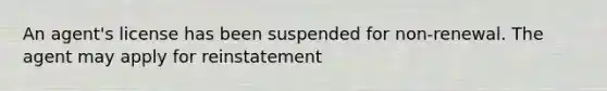 An agent's license has been suspended for non-renewal. The agent may apply for reinstatement