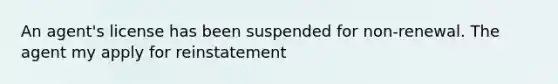 An agent's license has been suspended for non-renewal. The agent my apply for reinstatement