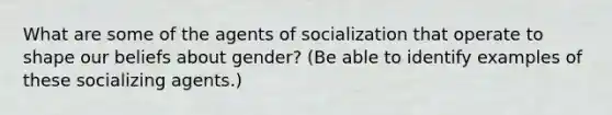 What are some of the agents of socialization that operate to shape our beliefs about gender? (Be able to identify examples of these socializing agents.)