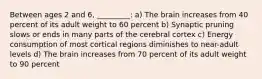 Between ages 2 and 6, _________: a) The brain increases from 40 percent of its adult weight to 60 percent b) Synaptic pruning slows or ends in many parts of the cerebral cortex c) Energy consumption of most cortical regions diminishes to near-adult levels d) The brain increases from 70 percent of its adult weight to 90 percent