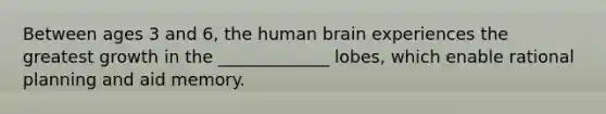 Between ages 3 and 6, the human brain experiences the greatest growth in the _____________ lobes, which enable rational planning and aid memory.