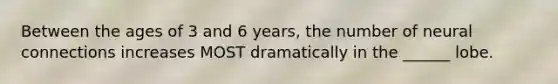 Between the ages of 3 and 6 years, the number of neural connections increases MOST dramatically in the ______ lobe.