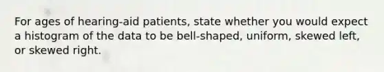 For ages of hearing-aid patients​, state whether you would expect a histogram of the data to be​ bell-shaped, uniform, skewed​ left, or skewed right.