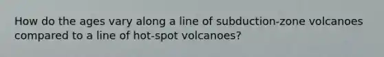 How do the ages vary along a line of subduction-zone volcanoes compared to a line of hot-spot volcanoes?