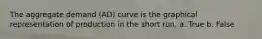 The aggregate demand (AD) curve is the graphical representation of production in the short run. a. True b. False