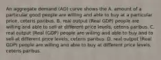 An aggregate demand (AD) curve shows the A. amount of a particular good people are willing and able to buy at a particular price, ceteris paribus. B. real output (Real GDP) people are willing and able to sell at different price levels, ceteris paribus. C. real output (Real (GDP) people are willing and able to buy and to sell at different price levels, ceteris paribus. D. real output (Real GDP) people are willing and able to buy at different price levels, ceteris paribus.