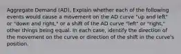 Aggregate Demand (AD). Explain whether each of the following events would cause a movement on the AD curve "up and left" or "down and right," or a shift of the AD curve "left" or "right," other things being equal. In each case, identify the direction of the movement on the curve or direction of the shift in the curve's position.