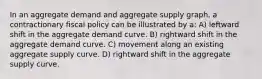 In an aggregate demand and aggregate supply graph, a contractionary fiscal policy can be illustrated by a: A) leftward shift in the aggregate demand curve. B) rightward shift in the aggregate demand curve. C) movement along an existing aggregate supply curve. D) rightward shift in the aggregate supply curve.