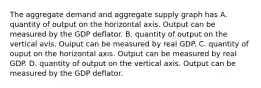 The aggregate demand and aggregate supply graph has A. quantity of output on the horizontal axis. Output can be measured by the GDP deflator. B. quantity of output on the vertical avis. Ouiput can be measured by real GDP. C. quantity of ouput on the horizontal axis. Output can be measured by real GDP. D. quantity of output on the vertical axis. Output can be measured by the GDP deflator.