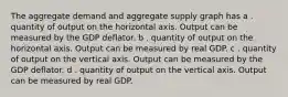 The aggregate demand and aggregate supply graph has a . quantity of output on the horizontal axis. Output can be measured by the GDP deflator. b . quantity of output on the horizontal axis. Output can be measured by real GDP. c . quantity of output on the vertical axis. Output can be measured by the GDP deflator. d . quantity of output on the vertical axis. Output can be measured by real GDP.