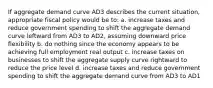 If aggregate demand curve AD3 describes the current situation, appropriate fiscal policy would be to: a. increase taxes and reduce government spending to shift the aggregate demand curve leftward from AD3 to AD2, assuming downward price flexibility b. do nothing since the economy appears to be achieving full employment real output c. increase taxes on businesses to shift the aggregate supply curve rightward to reduce the price level d. increase taxes and reduce government spending to shift the aggregate demand curve from AD3 to AD1