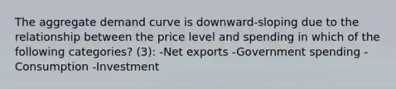 The aggregate demand curve is downward-sloping due to the relationship between the price level and spending in which of the following categories? (3): -Net exports -Government spending -Consumption -Investment