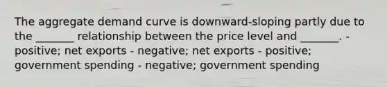 The aggregate demand curve is downward-sloping partly due to the _______ relationship between the price level and _______. - positive; net exports - negative; net exports - positive; government spending - negative; government spending