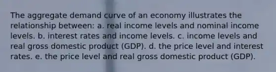 The aggregate demand curve of an economy illustrates the relationship between: a. ​real income levels and nominal income levels. b. ​interest rates and income levels. c. ​income levels and real gross domestic product (GDP). d. the price level and interest rates.​ e. the price level and real gross domestic product (GDP).​