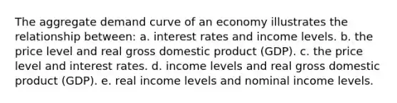 The aggregate demand curve of an economy illustrates the relationship between: a. interest rates and income levels. b. the price level and real gross domestic product (GDP). c. the price level and interest rates. d. income levels and real gross domestic product (GDP). e. real income levels and nominal income levels.