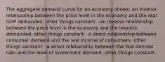 The aggregate demand curve for an economy shows: an inverse relationship between the price level in the economy and the real GDP demanded, other things constant. -an inverse relationship between the price level in the economy and the imports demanded, other things constant. -a direct relationship between consumer demand and the real income of consumers, other things constant. -a direct relationship between the real interest rate and the level of investment demand, other things constant.