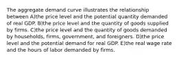 The aggregate demand curve illustrates the relationship between A)the price level and the potential quantity demanded of real GDP. B)the price level and the quantity of goods supplied by firms. C)the price level and the quantity of goods demanded by households, firms, government, and foreigners. D)the price level and the potential demand for real GDP. E)the real wage rate and the hours of labor demanded by firms.