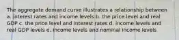 The aggregate demand curve illustrates a relationship between a. interest rates and income levels b. the price level and real GDP c. the price level and interest rates d. income levels and real GDP levels e. income levels and nominal income levels