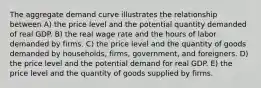 The aggregate demand curve illustrates the relationship between A) the price level and the potential quantity demanded of real GDP. B) the real wage rate and the hours of labor demanded by firms. C) the price level and the quantity of goods demanded by households, firms, government, and foreigners. D) the price level and the potential demand for real GDP. E) the price level and the quantity of goods supplied by firms.