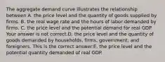 The aggregate demand curve illustrates the relationship between A. the price level and the quantity of goods supplied by firms. B. the real wage rate and the hours of labor demanded by firms. C. the price level and the potential demand for real GDP. Your answer is not correct.D. the price level and the quantity of goods demanded by​ households, firms,​ government, and foreigners. This is the correct answer.E. the price level and the potential quantity demanded of real GDP.