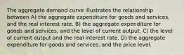 The aggregate demand curve illustrates the relationship between A) the aggregate expenditure for goods and services, and the real interest rate. B) the aggregate expenditure for goods and services, and the level of current output. C) the level of current output and the real interest rate. D) the aggregate expenditure for goods and services, and the price level.