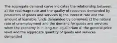 The aggregate demand curve indicates the relationship between: a) the real wage rate and the quality of resources demanded by producers of goods and services b) the interest rate and the amount of loanable funds demanded by borrowers c) the natural rate of unemployment and the demand for goods and services when the economy is in long-run equilibrium d) the general price level and the aggregate quantity of goods and services demanded