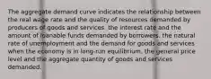 The aggregate demand curve indicates the relationship between the real wage rate and the quality of resources demanded by producers of goods and services. the interest rate and the amount of loanable funds demanded by borrowers. the natural rate of unemployment and the demand for goods and services when the economy is in long-run equilibrium. the general price level and the aggregate quantity of goods and services demanded.