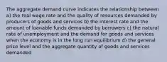 The aggregate demand curve indicates the relationship between a) the real wage rate and the quality of resources demanded by producers of goods and services b) the interest rate and the amount of loanable funds demanded by borrowers c) the natural rate of unemployment and the demand for goods and services when the economy is in the long run equilibrium d) the general price level and the aggregate quantity of goods and services demanded