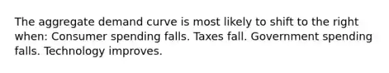 The aggregate demand curve is most likely to shift to the right when: Consumer spending falls. Taxes fall. Government spending falls. Technology improves.