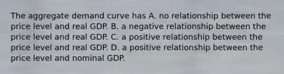 The aggregate demand curve has A. no relationship between the price level and real GDP. B. a negative relationship between the price level and real GDP. C. a positive relationship between the price level and real GDP. D. a positive relationship between the price level and nominal GDP.