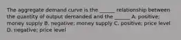 The aggregate demand curve is the ______ relationship between the quantity of output demanded and the ______ A. positive; money supply B. negative; money supply C. positive; price level D. negative; price level