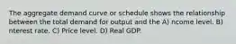 The aggregate demand curve or schedule shows the relationship between the total demand for output and the A) ncome level. B) nterest rate. C) Price level. D) Real GDP.