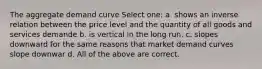 The aggregate demand curve Select one: a. shows an inverse relation between the price level and the quantity of all goods and services demande b. is vertical in the long run. c. slopes downward for the same reasons that market demand curves slope downwar d. All of the above are correct.