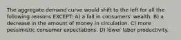 The aggregate demand curve would shift to the left for all the following reasons EXCEPT: A) a fall in consumers' wealth. B) a decrease in the amount of money in circulation. C) more pessimistic consumer expectations. D) lower labor productivity.