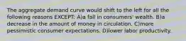 The aggregate demand curve would shift to the left for all the following reasons EXCEPT: A)a fall in consumers' wealth. B)a decrease in the amount of money in circulation. C)more pessimistic consumer expectations. D)lower labor productivity.