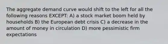 The aggregate demand curve would shift to the left for all the following reasons EXCEPT: A) a stock market boom held by households B) the European debt crisis C) a decrease in the amount of money in circulation D) more pessimistic firm expectations