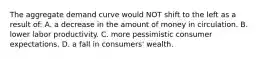 The aggregate demand curve would NOT shift to the left as a result of: A. a decrease in the amount of money in circulation. B. lower labor productivity. C. more pessimistic consumer expectations. D. a fall in consumers' wealth.