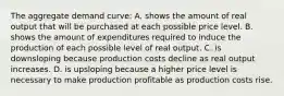 The aggregate demand curve: A. shows the amount of real output that will be purchased at each possible price level. B. shows the amount of expenditures required to induce the production of each possible level of real output. C. is downsloping because production costs decline as real output increases. D. is upsloping because a higher price level is necessary to make production profitable as production costs rise.