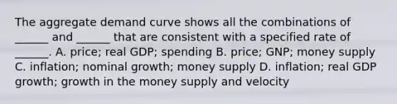 The aggregate demand curve shows all the combinations of ______ and ______ that are consistent with a specified rate of ______. A. price; real GDP; spending B. price; GNP; money supply C. inflation; nominal growth; money supply D. inflation; real GDP growth; growth in the money supply and velocity