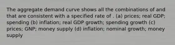 The aggregate demand curve shows all the combinations of and that are consistent with a specified rate of . (a) prices; real GDP; spending (b) inflation; real GDP growth; spending growth (c) prices; GNP; money supply (d) inflation; nominal growth; money supply