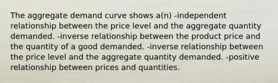 The aggregate demand curve shows a(n) -independent relationship between the price level and the aggregate quantity demanded. -inverse relationship between the product price and the quantity of a good demanded. -inverse relationship between the price level and the aggregate quantity demanded. -positive relationship between prices and quantities.