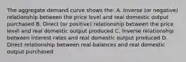 The aggregate demand curve shows the: A. Inverse (or negative) relationship between the price level and real domestic output purchased B. Direct (or positive) relationship between the price level and real domestic output produced C. Inverse relationship between interest rates and real domestic output produced D. Direct relationship between real-balances and real domestic output purchased