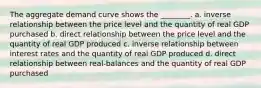 The aggregate demand curve shows the ________. a. inverse relationship between the price level and the quantity of real GDP purchased b. direct relationship between the price level and the quantity of real GDP produced c. inverse relationship between interest rates and the quantity of real GDP produced d. direct relationship between real-balances and the quantity of real GDP purchased