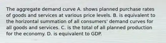 The aggregate demand curve A. shows planned purchase rates of goods and services at various price levels. B. is equivalent to the horizontal summation of all​ consumers' demand curves for all goods and services. C. is the total of all planned production for the economy. D. is equivalent to GDP.