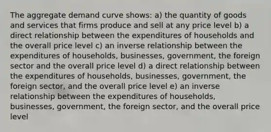 The aggregate demand curve shows: a) the quantity of goods and services that firms produce and sell at any price level b) a direct relationship between the expenditures of households and the overall price level c) an inverse relationship between the expenditures of households, businesses, government, the foreign sector and the overall price level d) a direct relationship between the expenditures of households, businesses, government, the foreign sector, and the overall price level e) an inverse relationship between the expenditures of households, businesses, government, the foreign sector, and the overall price level