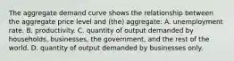 The aggregate demand curve shows the relationship between the aggregate price level and (the) aggregate: A. unemployment rate. B. productivity. C. quantity of output demanded by households, businesses, the government, and the rest of the world. D. quantity of output demanded by businesses only.