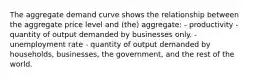 The aggregate demand curve shows the relationship between the aggregate price level and (the) aggregate: - productivity - quantity of output demanded by businesses only. - unemployment rate - quantity of output demanded by households, businesses, the government, and the rest of the world.