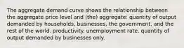 The aggregate demand curve shows the relationship between the aggregate price level and (the) aggregate: quantity of output demanded by households, businesses, the government, and the rest of the world. productivity. unemployment rate. quantity of output demanded by businesses only.