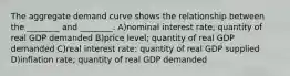 The aggregate demand curve shows the relationship between the ________ and ________. A)nominal interest rate; quantity of real GDP demanded B)price level; quantity of real GDP demanded C)real interest rate: quantity of real GDP supplied D)inflation rate; quantity of real GDP demanded